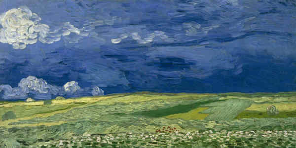 Tableau de Vincent Van Gogh : champ de blé sous un ciel de nuages lourds