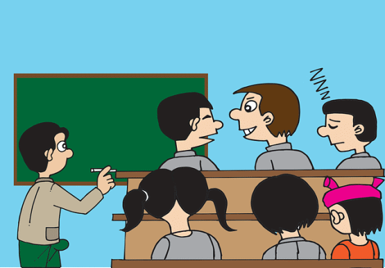 Dessin d’élèves en classe devant un professeur