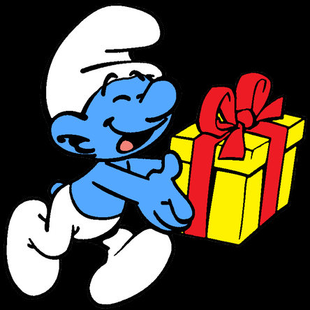  Un personnage bleu de bandes dessinées offre un cadeau dans la joie. 