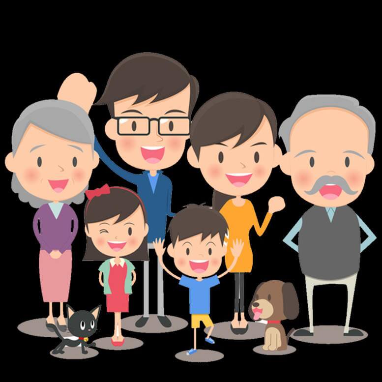 Famille heureuse avec parents, enfants et un grand-parent