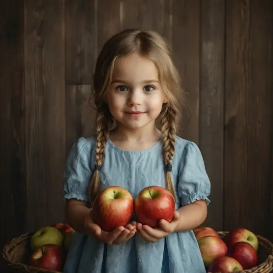 Une fillette tient 2 pommes dans ses mains.
