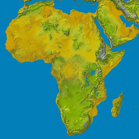Carte de l'Afrique affichant les dénivelés de différentes couleurs