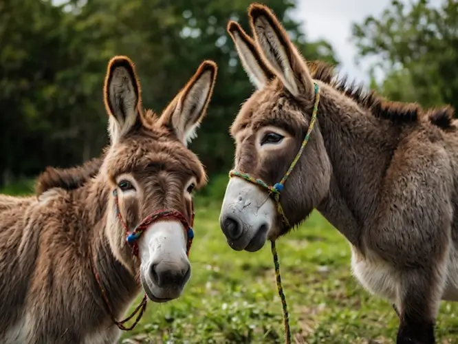 Deux ânes, un seul est attaché par une corde.