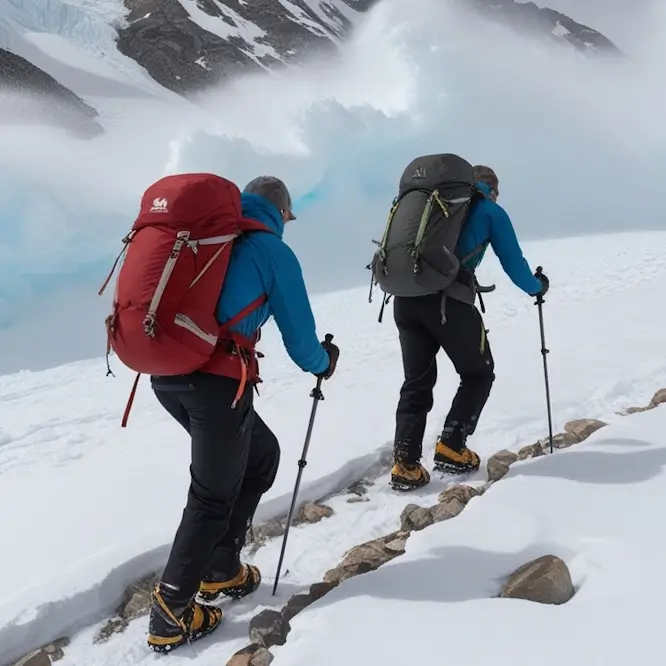 Deux alpinistes gravissent un montable suivant un sentier dans une tempête.