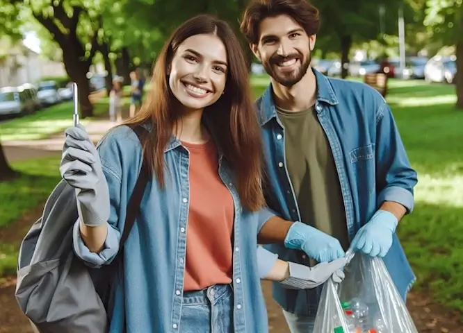 Un jeune couple participle à une collecte de déchets.