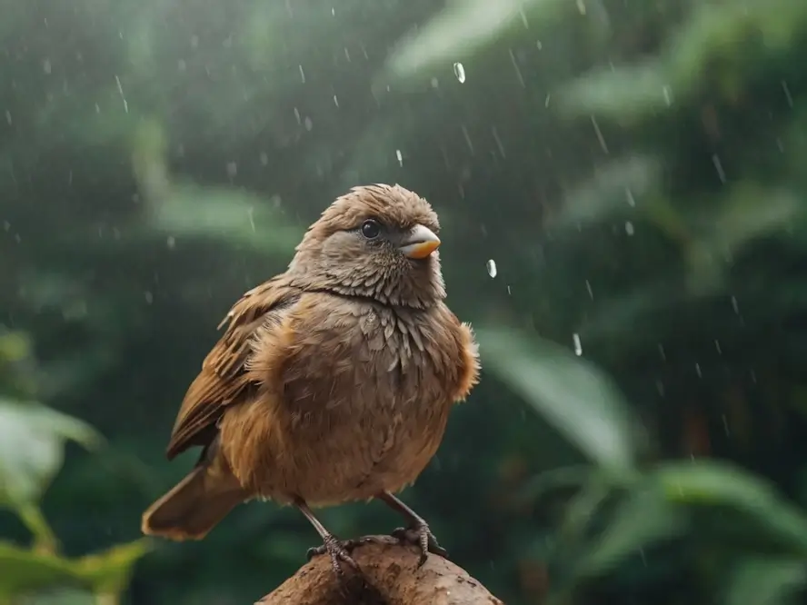 Un oiseau perché sous la pluie