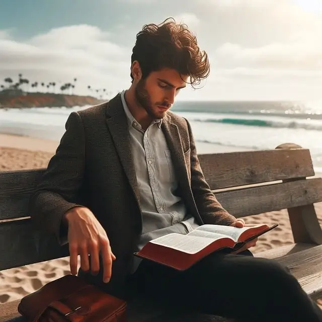 Un jeune homme lit attentivement assis sur un banc près de la plage.